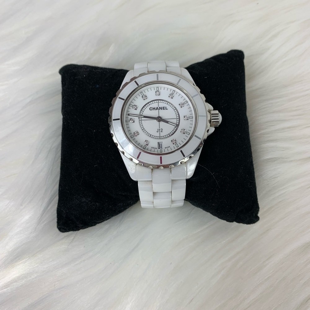 Chanel White Mother Of Pearl/ Diamond Watch J12